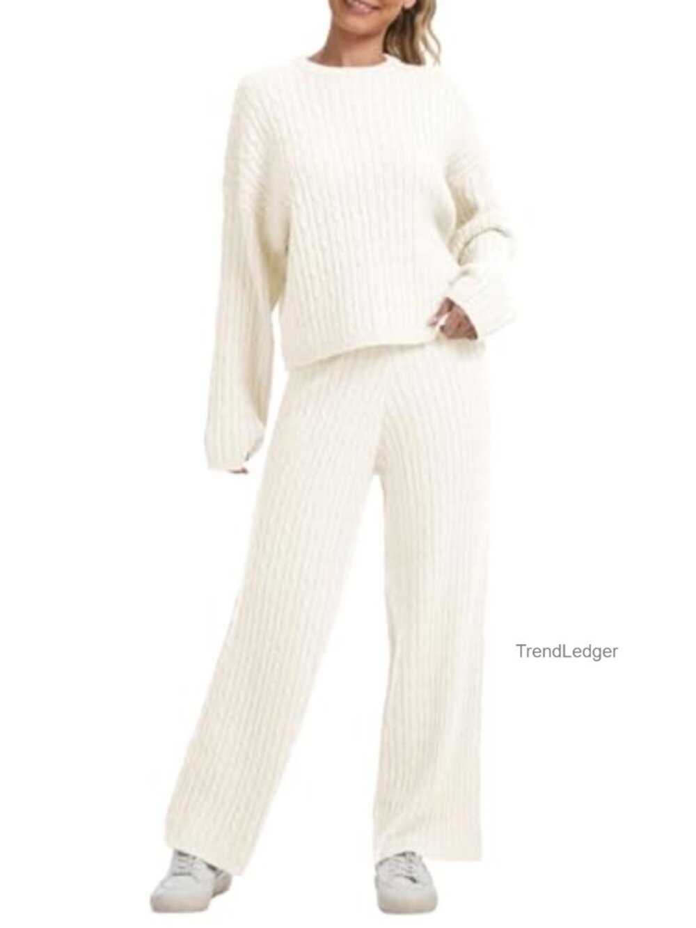 Women's Cable Knit Lounge Set with Wide Leg Pants, Cozy Relaxed Fit
